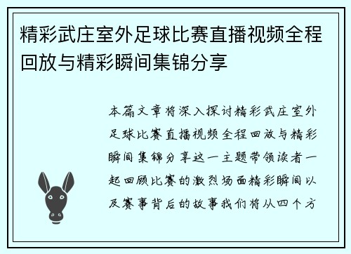 精彩武庄室外足球比赛直播视频全程回放与精彩瞬间集锦分享