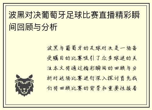 波黑对决葡萄牙足球比赛直播精彩瞬间回顾与分析