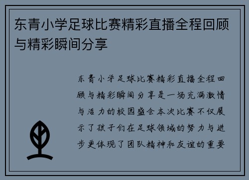 东青小学足球比赛精彩直播全程回顾与精彩瞬间分享
